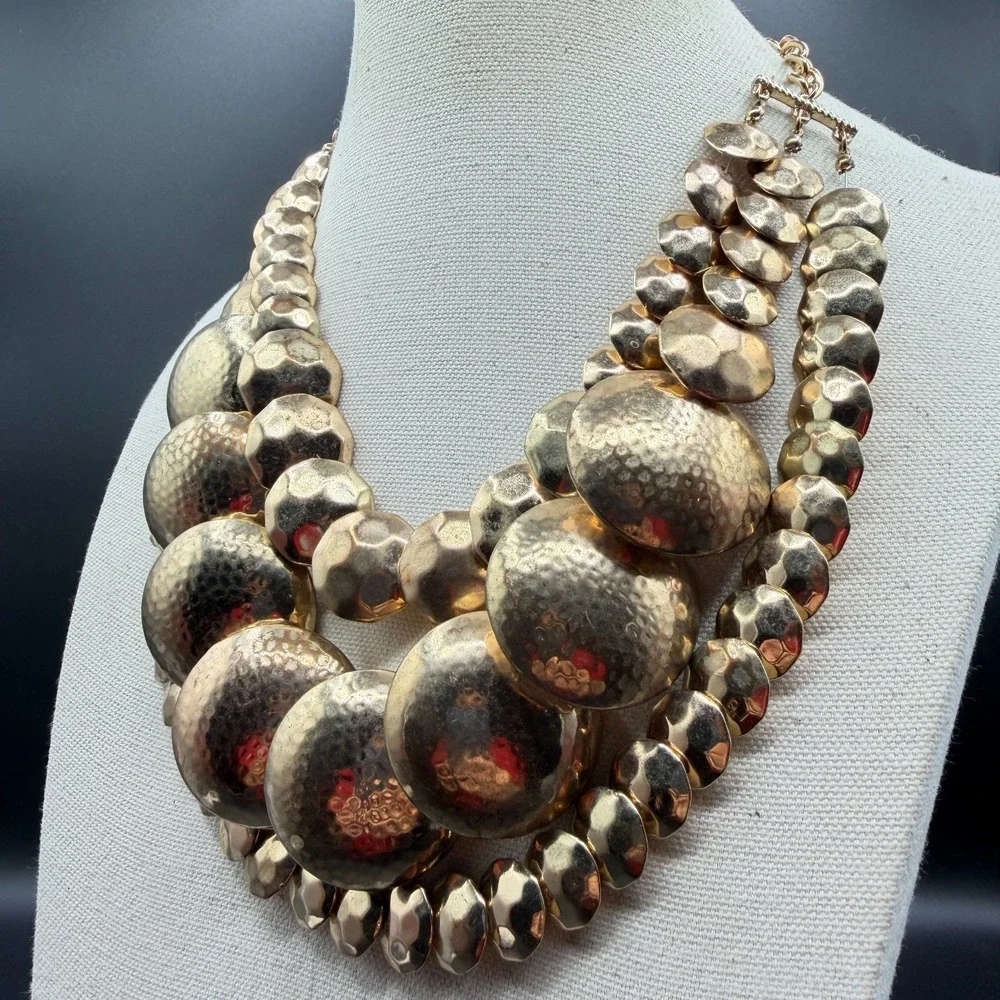 Gold Tone Hammered Disc Multi Strand Statement Bib Necklace Bold Chunky Layered